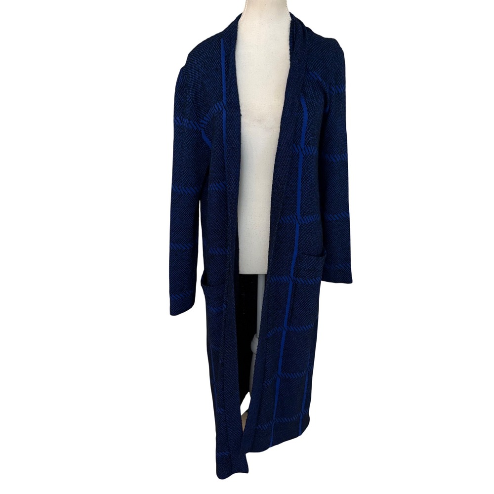 ST. JOHN longline Blue Plaid Open Front Long Cardigan Sweater‎